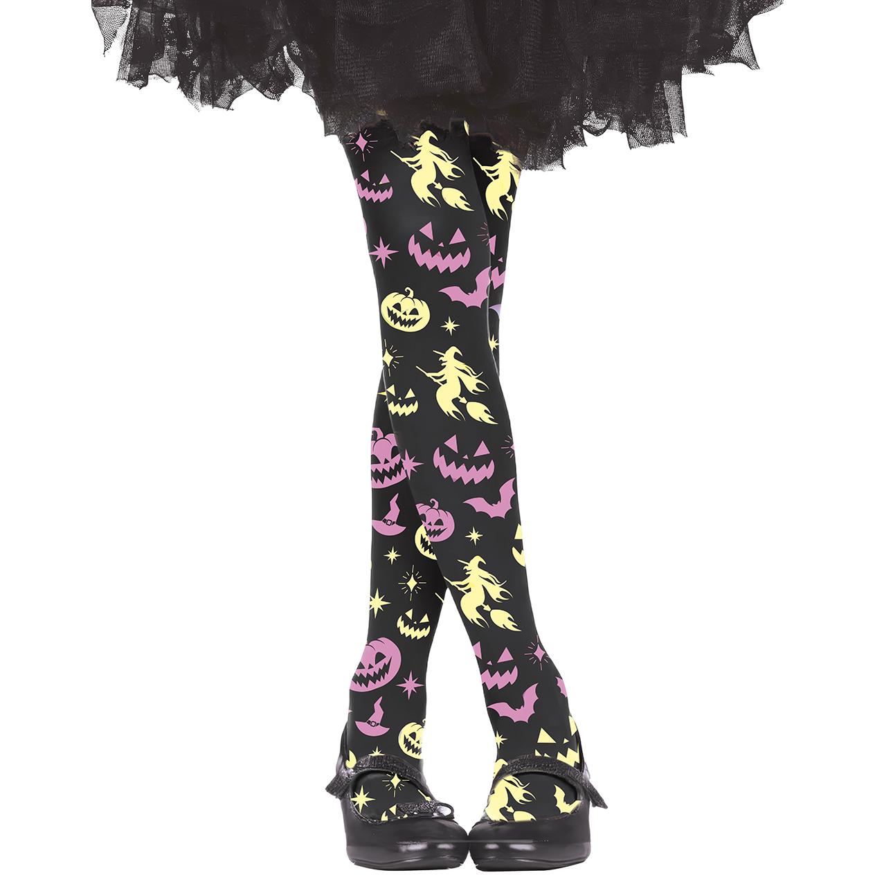 Collants noirs avec citrouilles et sorcières pour enfants