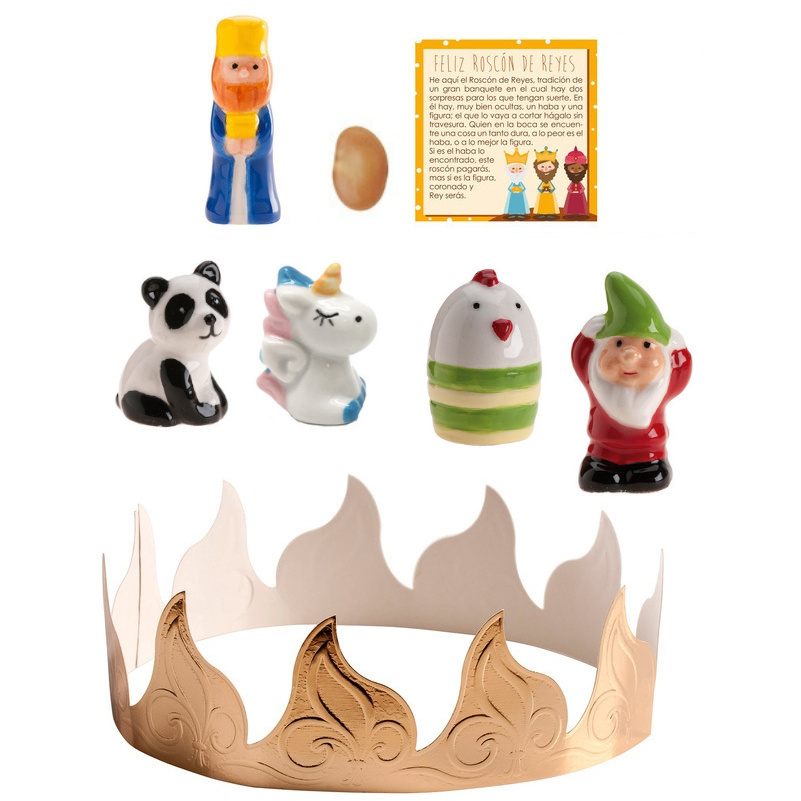 Kit pour la galette des rois: couronne, fève, roi mage, carte et 4 figurines