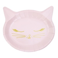 Assiettes Chatons roses avec moustaches dorées de 20 x 22 cm - 6 unités