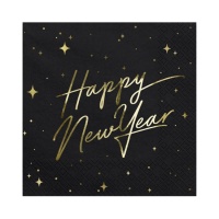 Serviettes Happy New Year noires de 16,5 x 16,5 cm - 20 unités