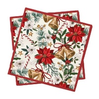 Serviettes de Noël aux motifs de fleurs de poinsettia et de cloches de 16,5 x 16,5 cm - 20 unités