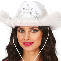 Chapeau de cow-girl blanc avec plumes et couronne argentée