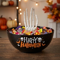 Bol noir « Happy Halloween » avec main squelette de 25 cm