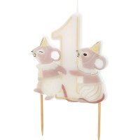 Bougie chiffre 1 en beige et doré avec petites souris