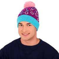 Bonnet en laine des années 80 bleu et rose