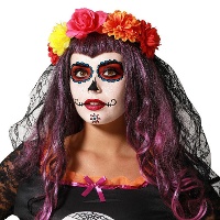 Diadème multicolore avec fleurs et voile de Catrina