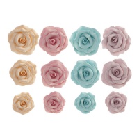 Figures de sucre de roses tons pastel - Dekora - 12 unités