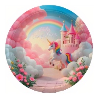 Assiettes licorne roses avec château - Ø 23 cm - 6 unités