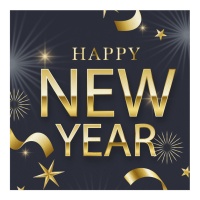 Serviettes de Bonne Année en noir et doré de 16,5 x 16,5 cm - 16 unités