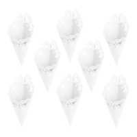 Cônes en papier blancs avec dentelle - 10 unités