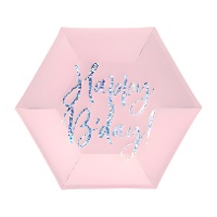 Assiettes hexagonales Joyeux anniversaire rose pâle de 17 cm - 6 unités