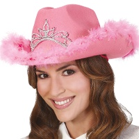 Chapeau de cow-girl rose avec plumes et couronne argentée