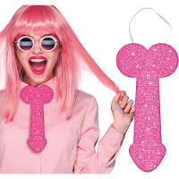 Cravate en forme de pénis rose pailleté - 30 cm